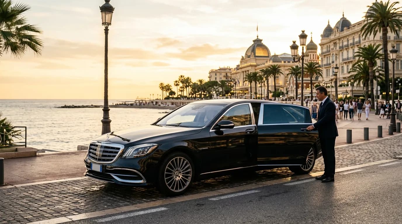 Black luxury chauffeur sedan on the seafront promenade of Sanremo on the Italian Riviera