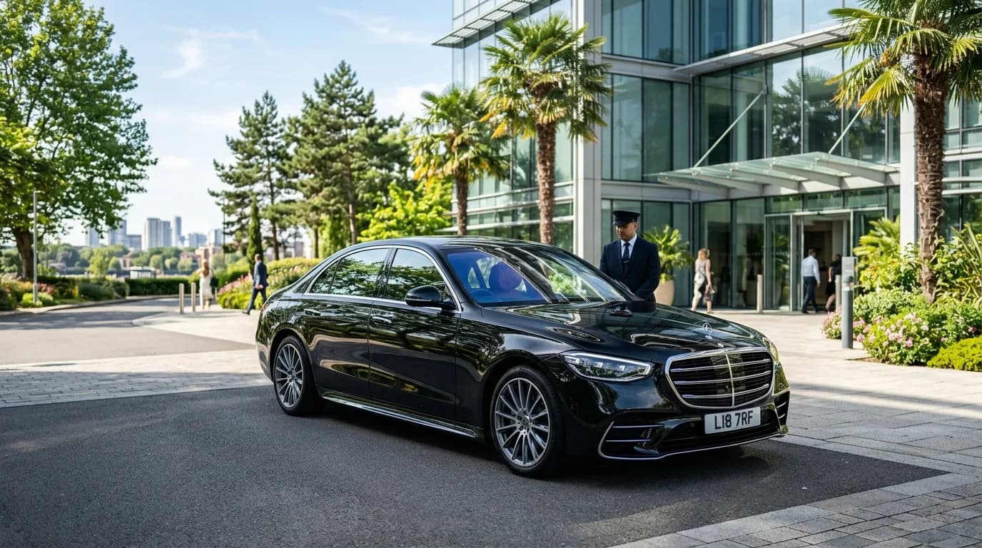 Black luxury chauffeur sedan outside a modern office building in a green business park