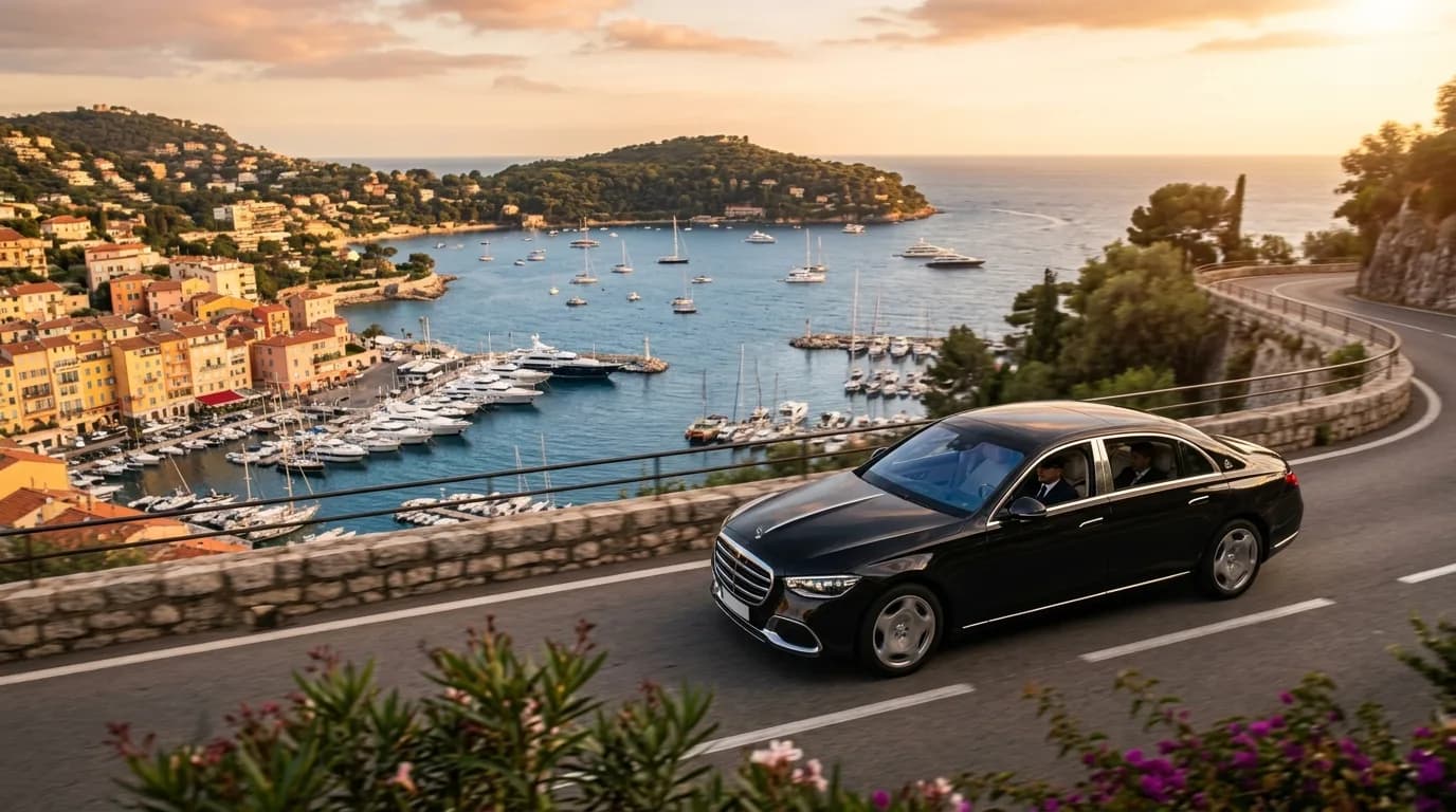 Black luxury chauffeur sedan above the deep blue bay of Villefranche-sur-Mer