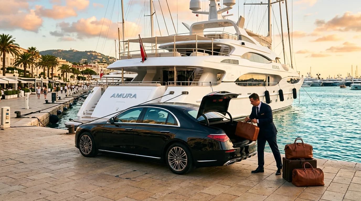 A black luxury sedan on a Riviera marina quay beside a white superyacht at golden hour