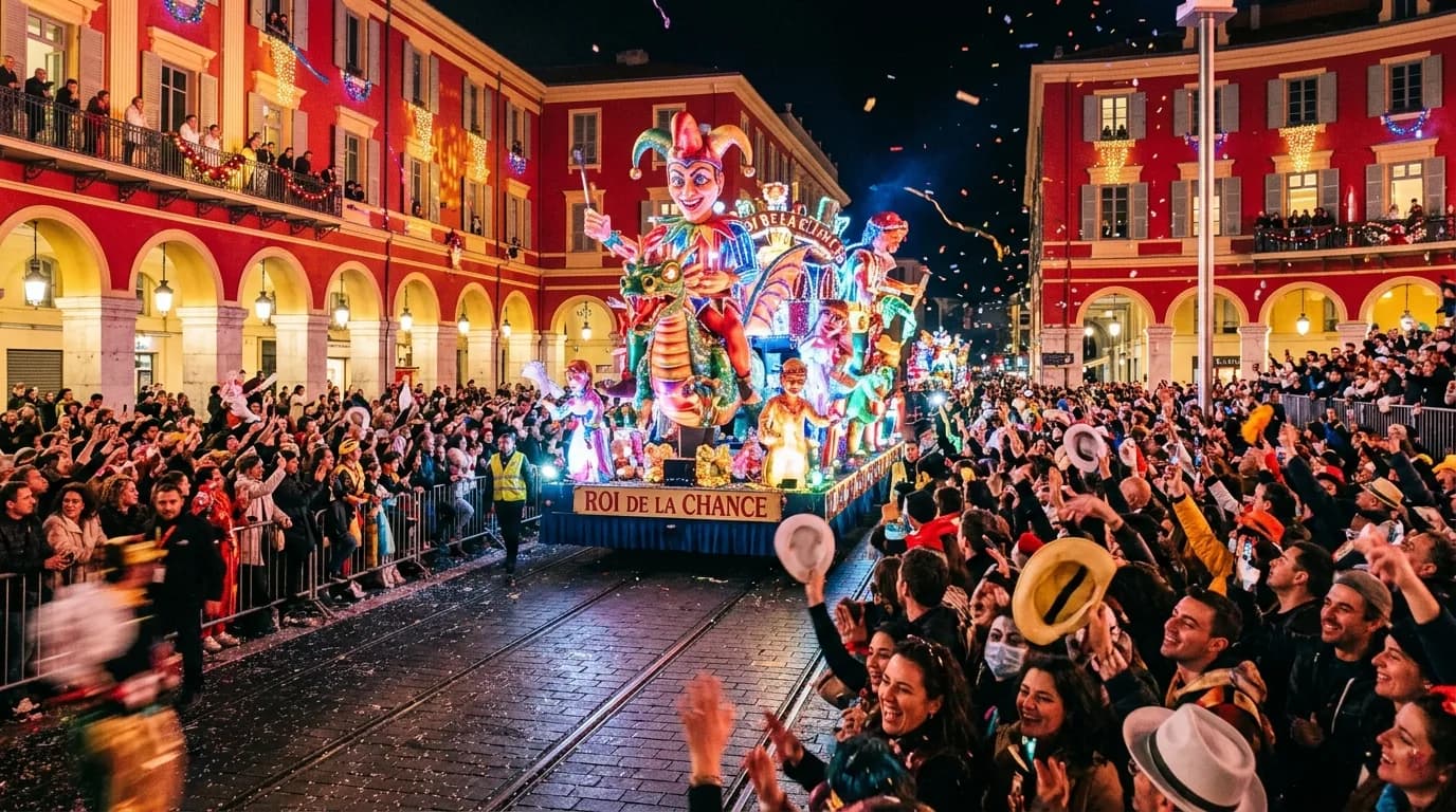 Giant illuminated carnival floats on Place Masséna in Nice at night during the Nice Carnival