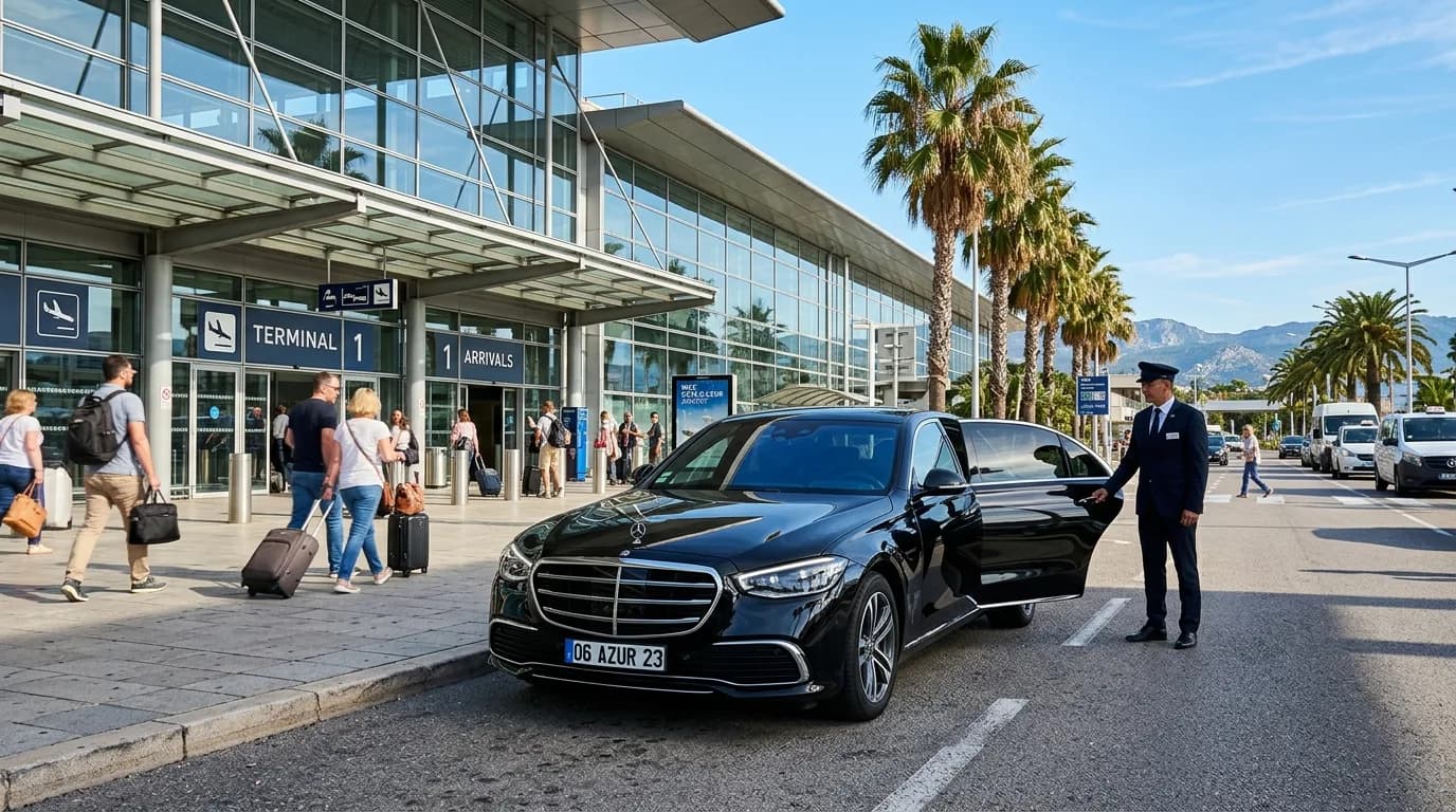 Black luxury chauffeur sedan waiting at the curb outside a sunny Nice Airport terminal