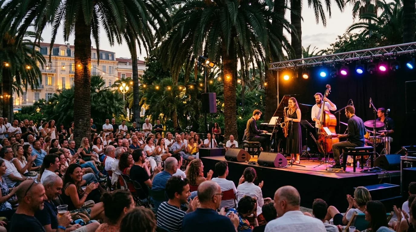 An outdoor evening jazz concert in a Nice park with a lit stage and crowd under palm trees