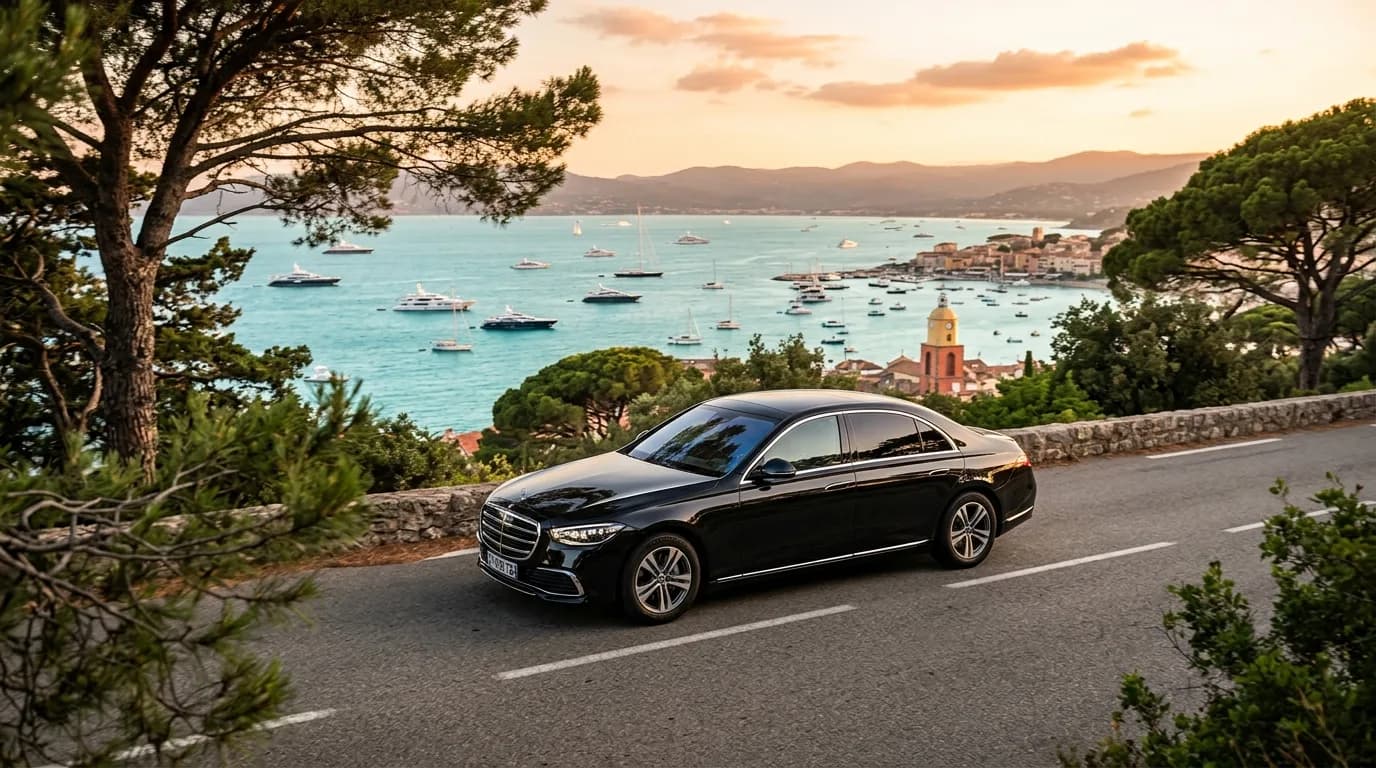 Black luxury chauffeur sedan on a coastal road above the Gulf of Saint-Tropez