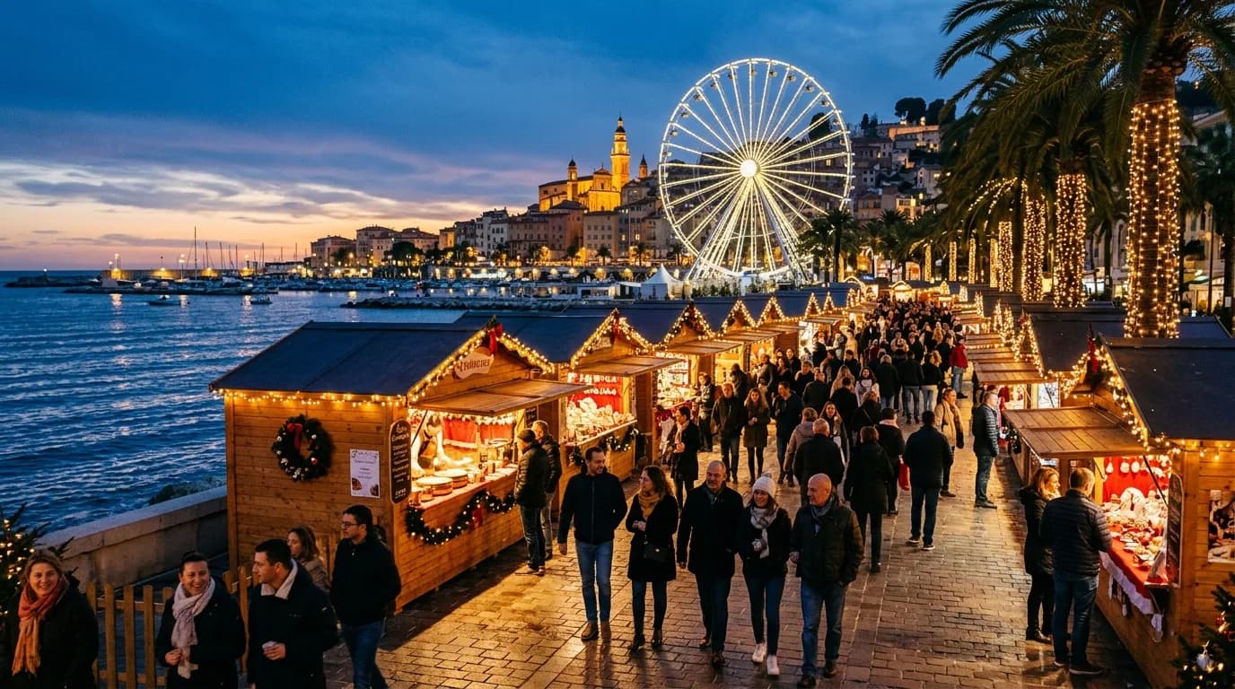 A festive seaside Christmas market on the French Riviera at dusk with lights and a Ferris wheel