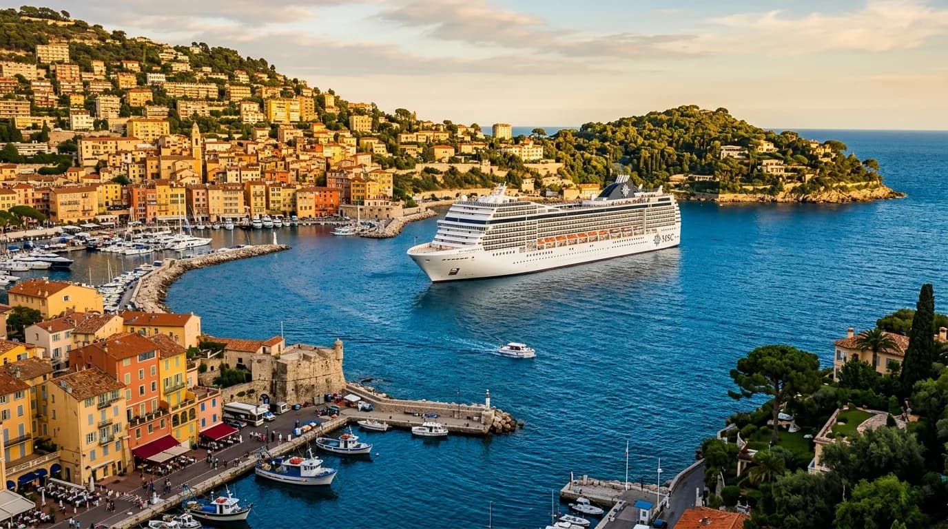 A large cruise ship anchored in the deep blue bay of Villefranche-sur-Mer with the old town behind