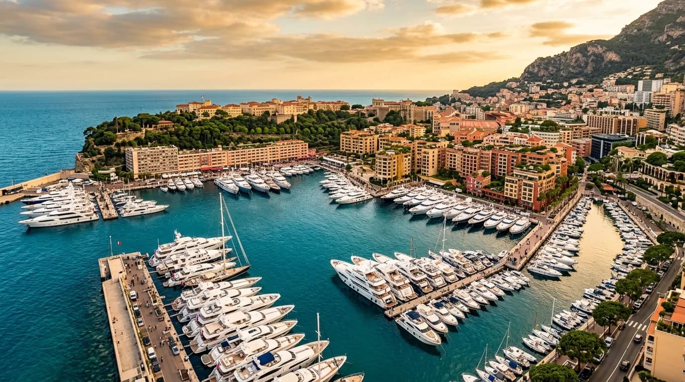 An aerial view of a French Riviera marina full of white superyachts along the quays