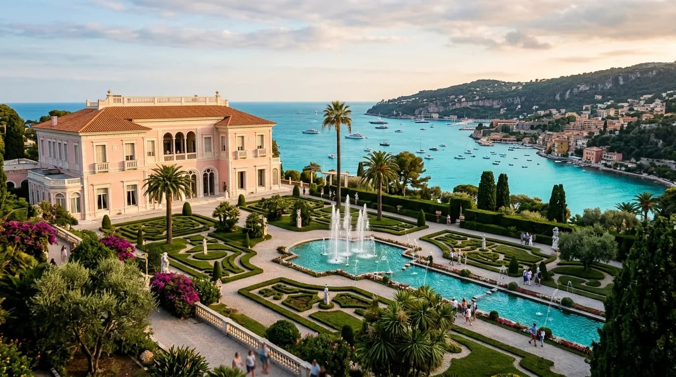 The pink Villa Ephrussi de Rothschild and its formal French garden on Cap-Ferrat
