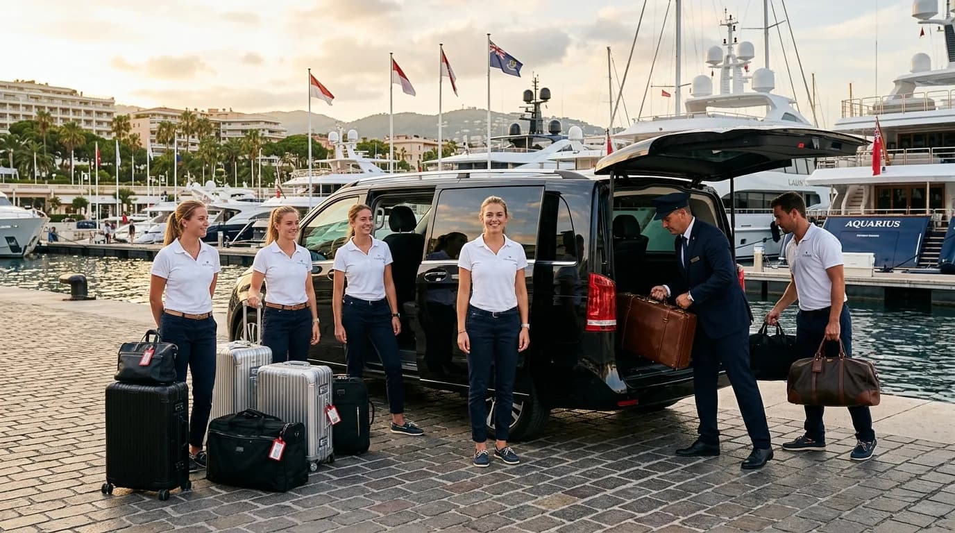A yacht crew in white uniforms with luggage beside a black Mercedes V-Class van on a marina quay