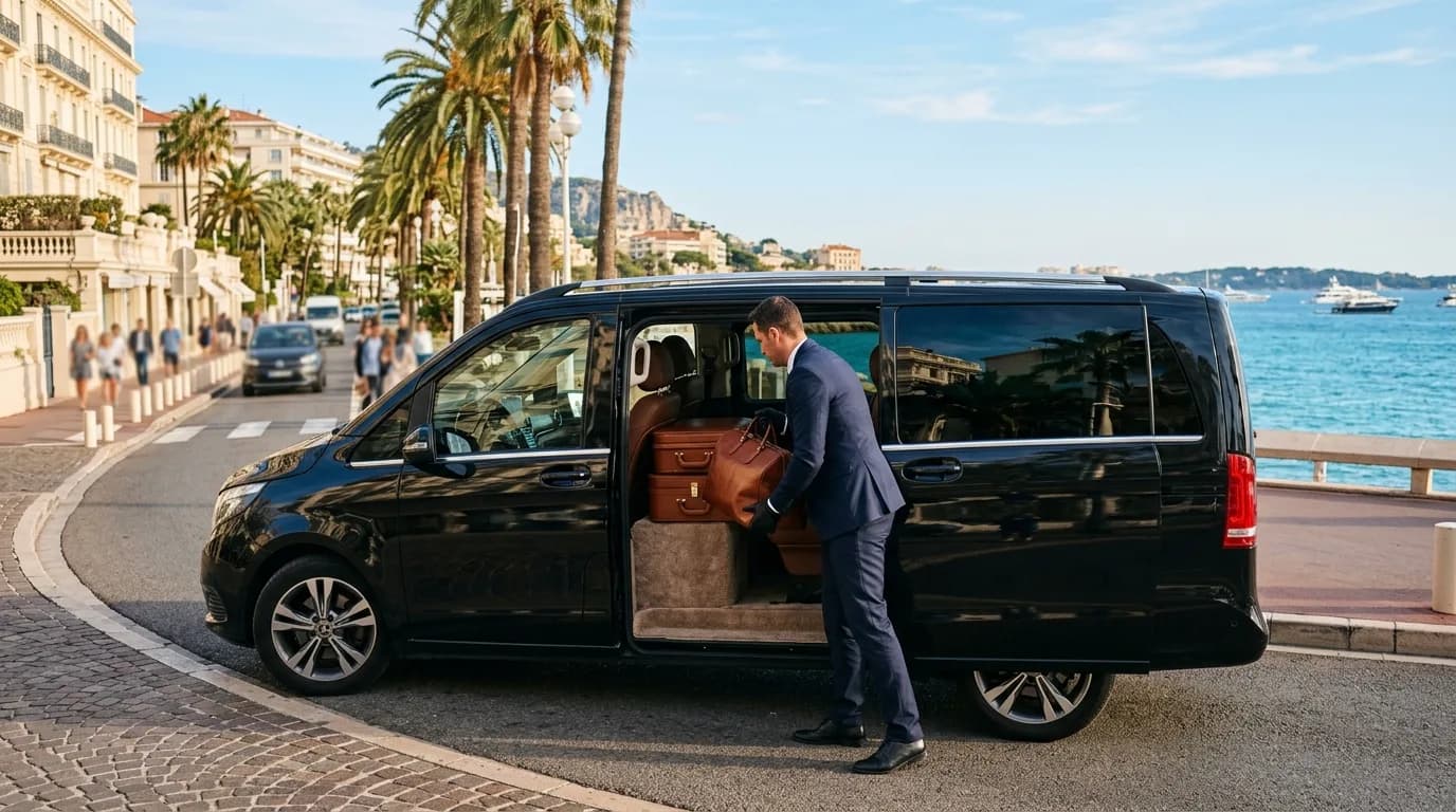 A black Mercedes V-Class luxury van with a chauffeur loading luggage on the Riviera