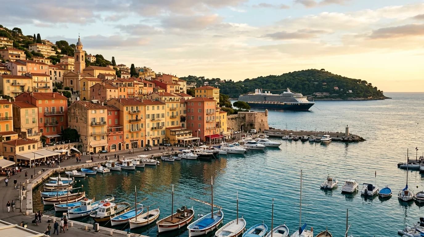 The colourful old town of Villefranche-sur-Mer with a cruise ship anchored in the deep bay