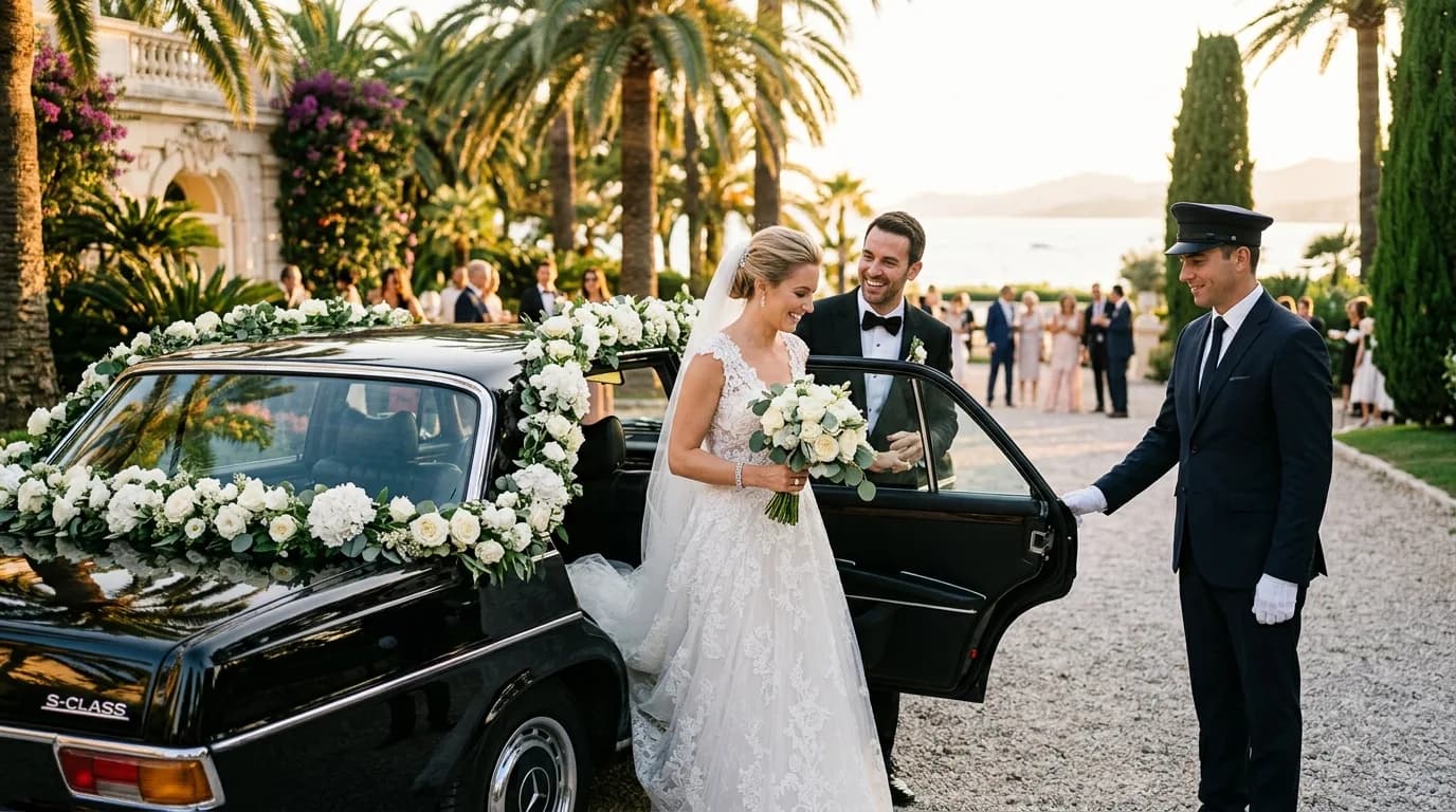 A bride and groom stepping into an elegant flower-decorated wedding car held by a chauffeur