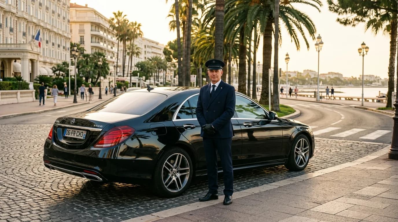 A professional uniformed chauffeur beside a black luxury Mercedes on a Riviera street