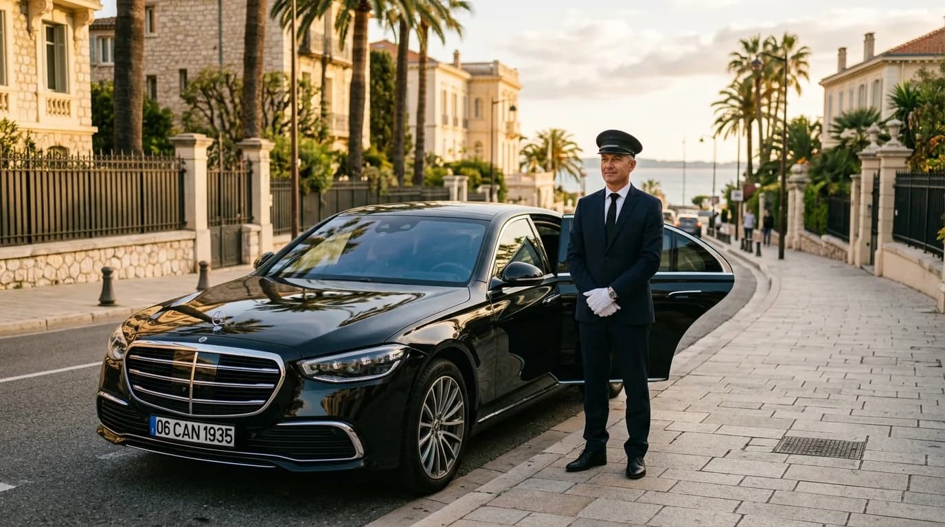 A professional uniformed chauffeur in gloves beside a polished black Mercedes on the Riviera