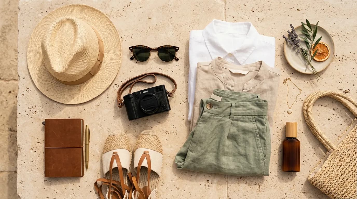 Elegant summer travel essentials arranged on a stone surface in Mediterranean light