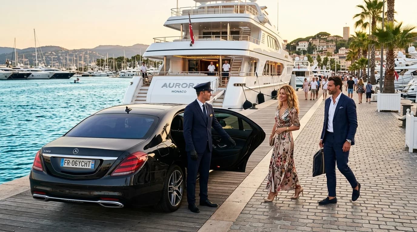 Well-dressed guests stepping from a black Mercedes onto a marina quay beside a charter yacht