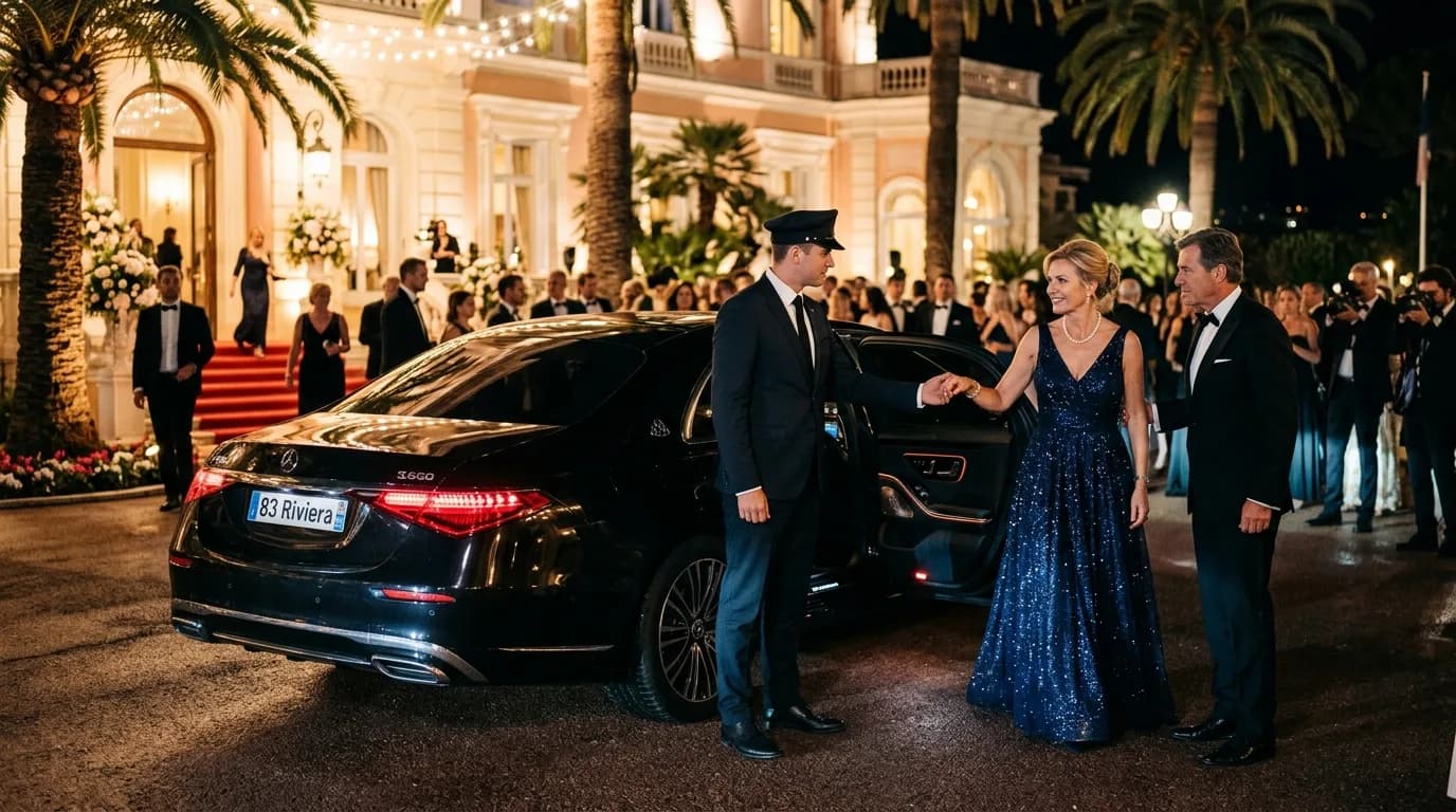 Luxury event chauffeur with a black Mercedes arriving at a Riviera event