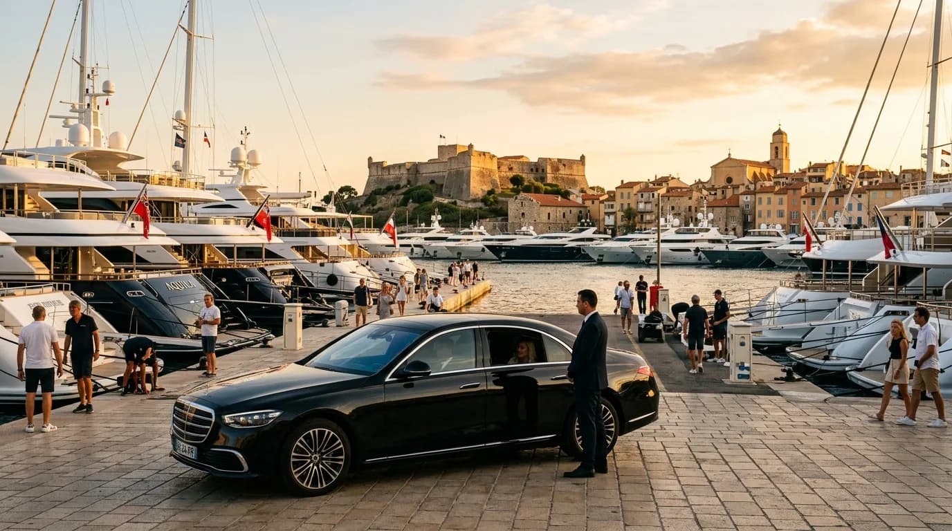 Yacht transfer to Port Vauban Antibes with a black Mercedes and superyachts