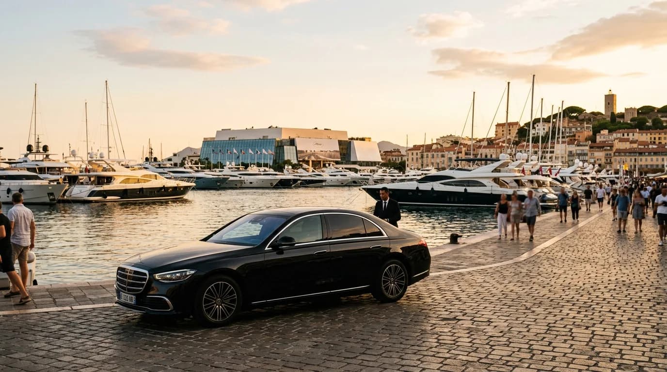 Yacht transfer to the Vieux Port of Cannes with a black Mercedes on the quay