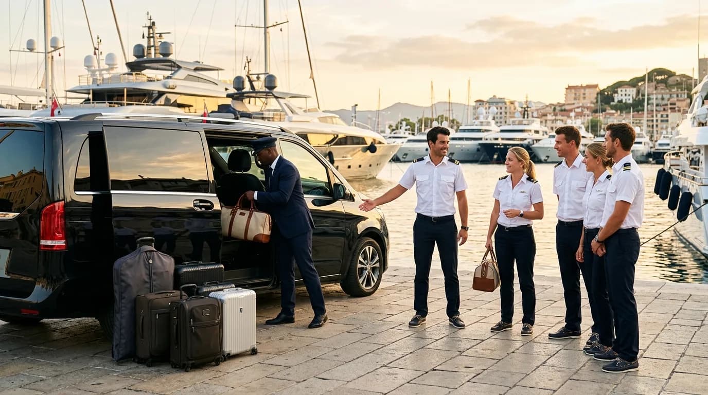 Yacht crew transportation with a black Mercedes V-Class van on a marina quay