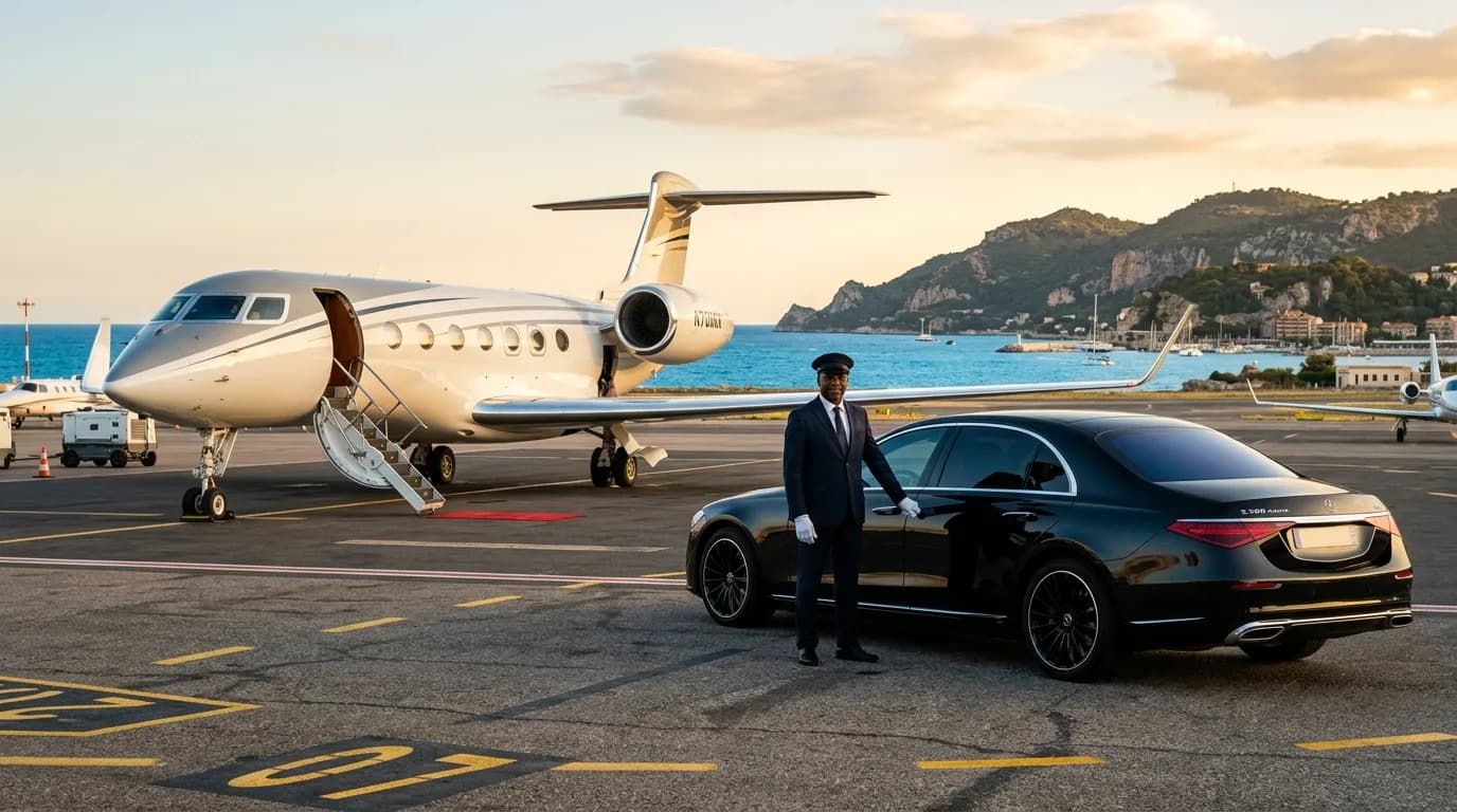 Private jet to yacht transfer at Nice with a black Mercedes and chauffeur