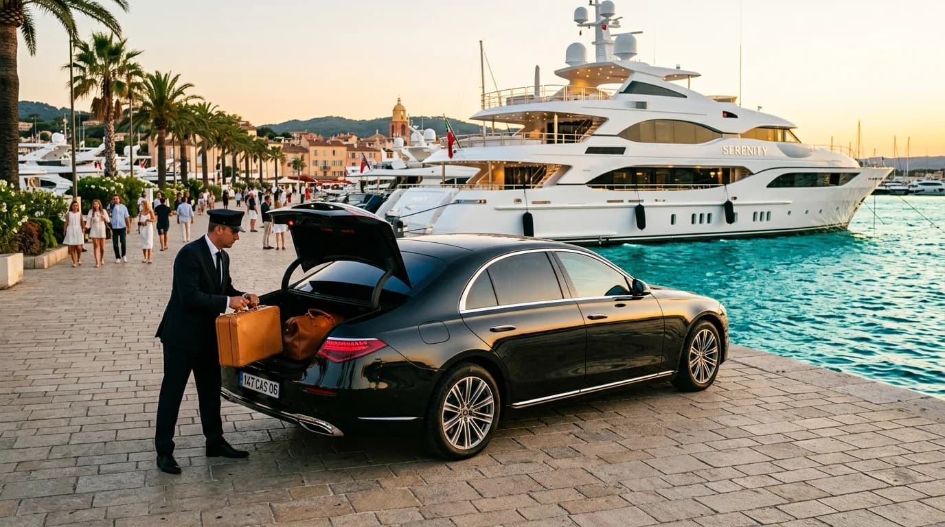 Private chauffeur yacht transfer with a black Mercedes beside a superyacht